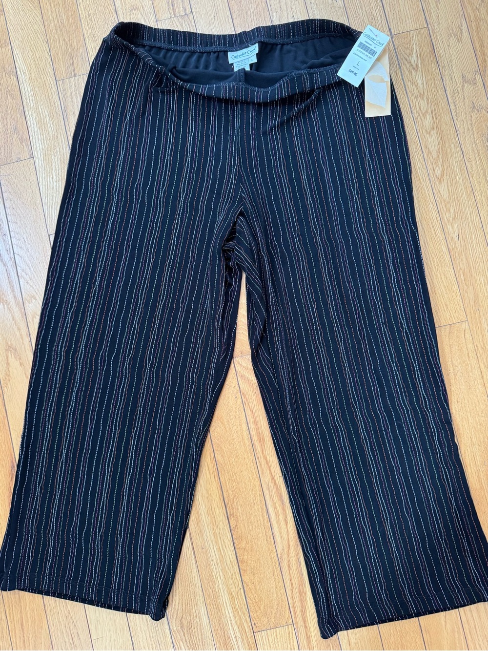 NWT! Coldwater Creek Black Capri pants with Thin Multicolor Pinstripes